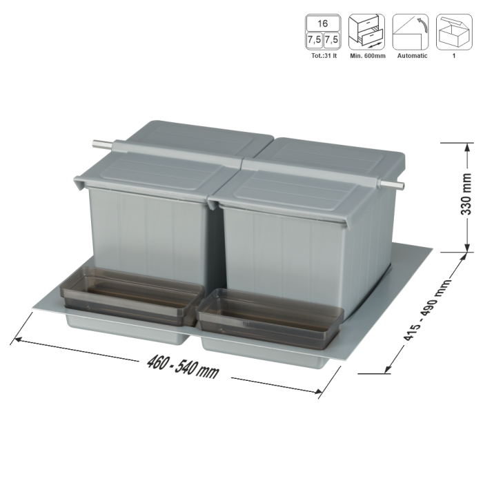 Κάδος Απορριμμάτων Συρταριού BigDrawer 81150 Κουζίνας με 3 καλάθια 16+7,5+7,5 Lt  Γκρί