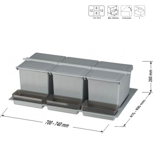 Κάδος Απορριμμάτων Συρταριού BigDrawer 81235 Κουζίνας με 4 καλάθια 12+6+6+12 Lt  Γκρί
