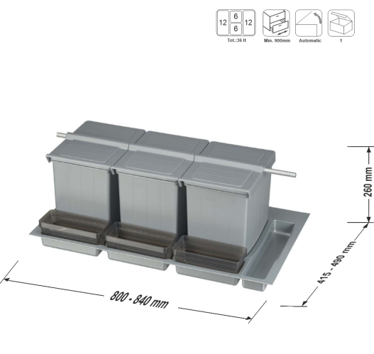 Κάδος Απορριμμάτων Συρταριού BigDrawer 81315 Κουζίνας με 4 καλάθια 12+6+6+12 Lt  Γκρί