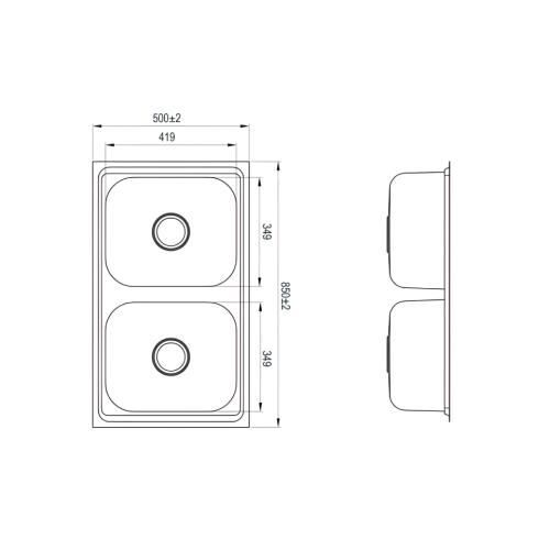Νεροχύτης διπλός χωρίς μαξιλάρι 850x500x210mm
