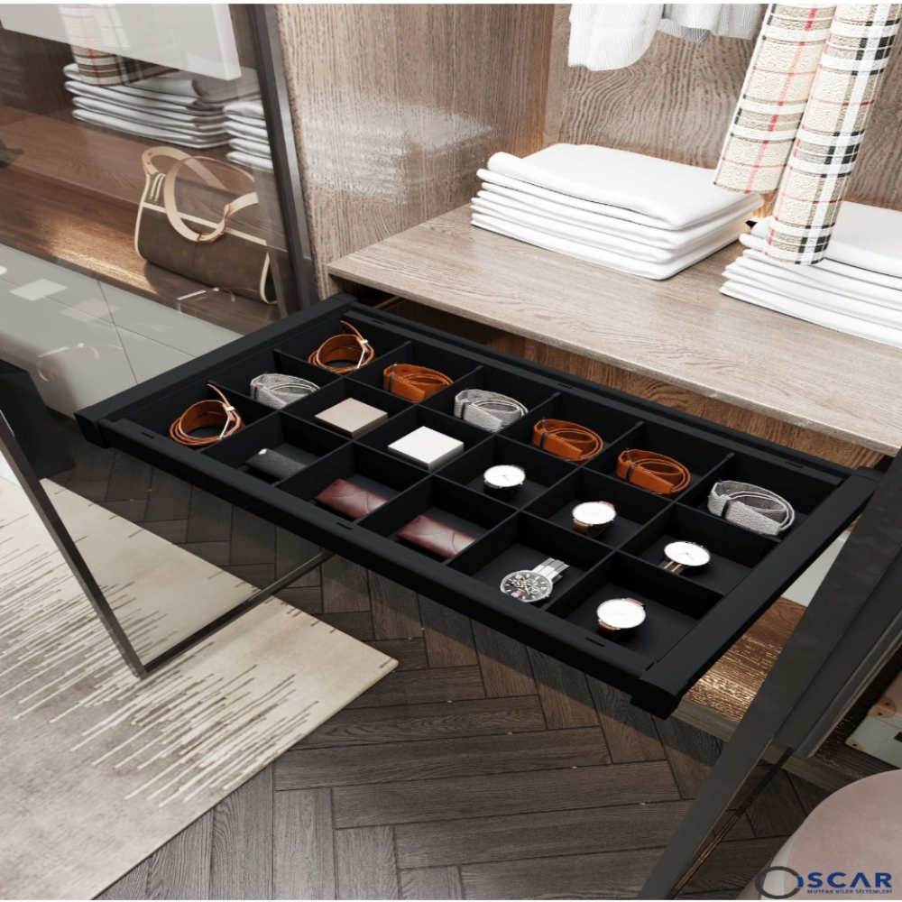 Συρόμενο καλάθι αλουμινίου με χωρίσματα για αξεσουάρ για 90 κουτί M9221-20 μαύρο