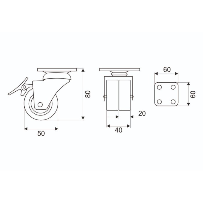 Ρόδα διπλή περιστρεφόμενη με πλάκα Φ50 με φρένο