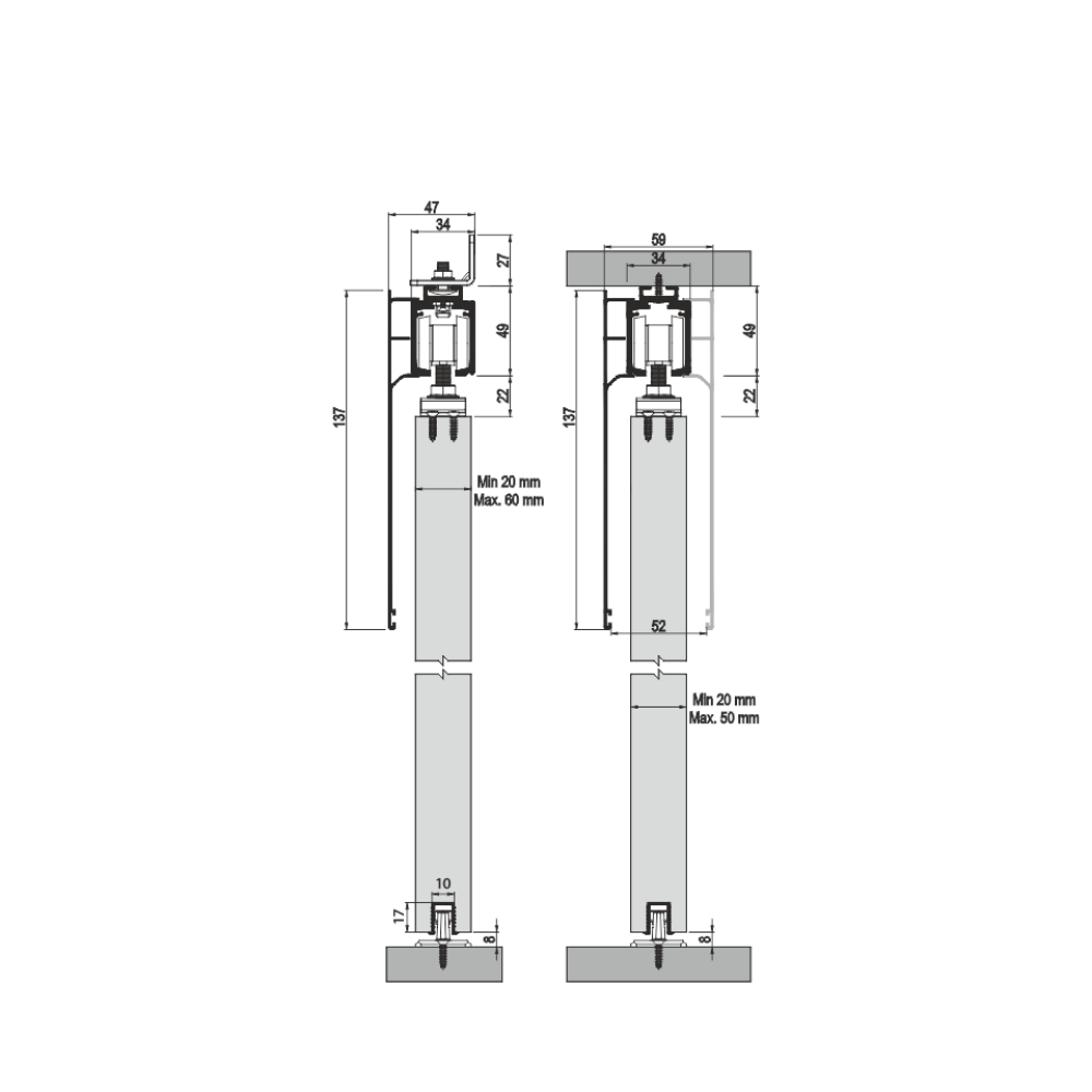 Μηχ/μός ALB 9720 Συρόμενης Πόρτας 120 Kg Φρένο Διπλής Κατεύθυνσης για Πάχος 20-60 mm